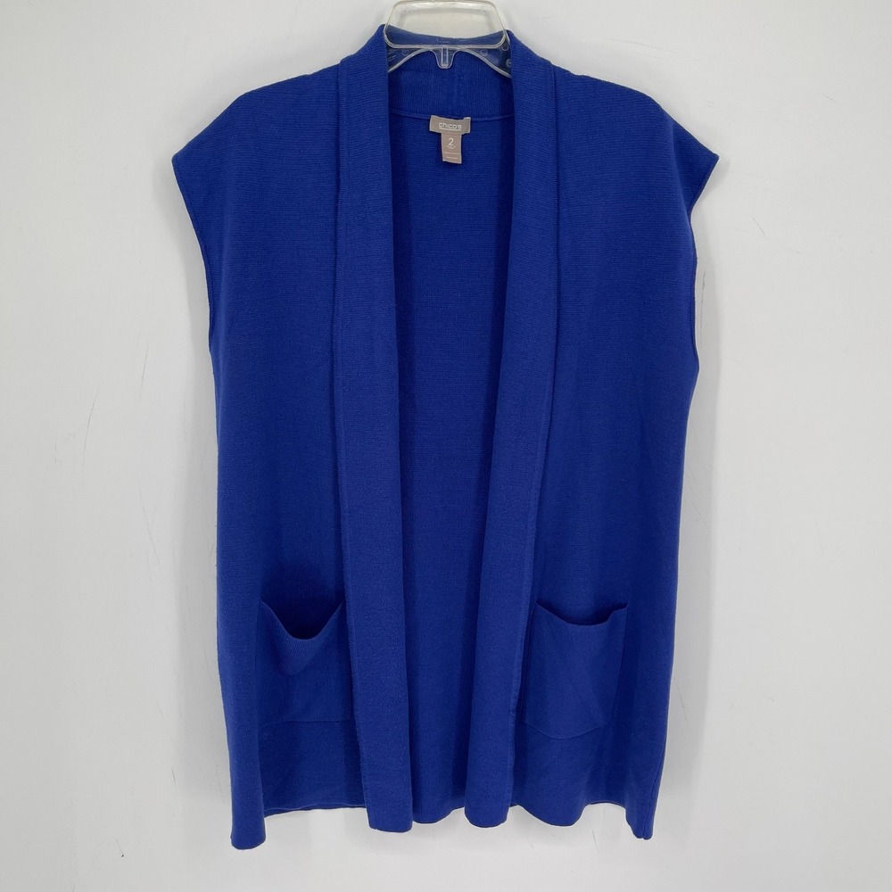 Chico's Womens Blue Open Front Sleeveless Pocket Knit Cardigan Vest Size 2 Large